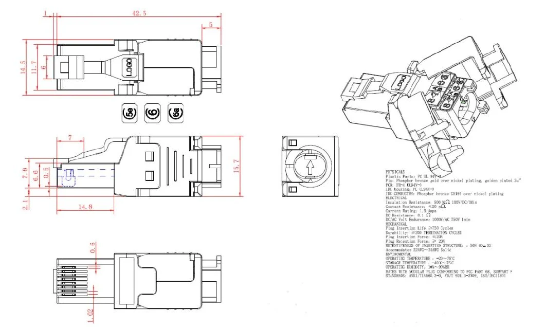 RJ45 Connector Cat. 6A FTP Toolless Modular Plug 8p8c