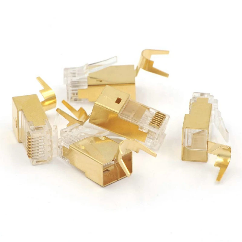 Gold- Plated Shielded CAT6A/Cat7 Cat8 Cable STP Solid Jack Ethernet Female Socket 50u RJ45 Modular Connector Plug