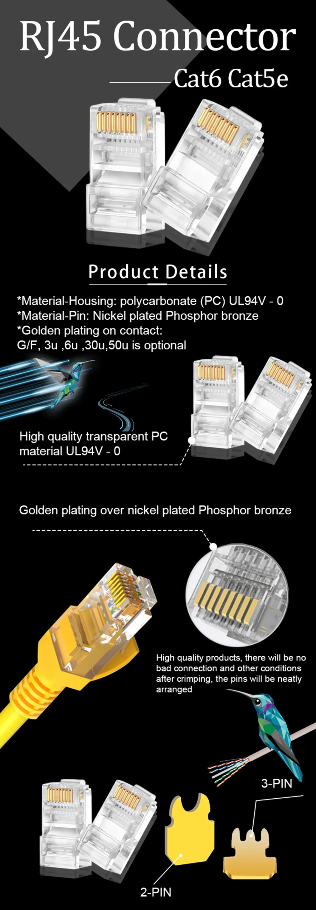 Gcabling 8p8c UTP CAT6 CAT6A Cat5e RJ45 Network Plug Ethernet RJ45 Connecor Modular